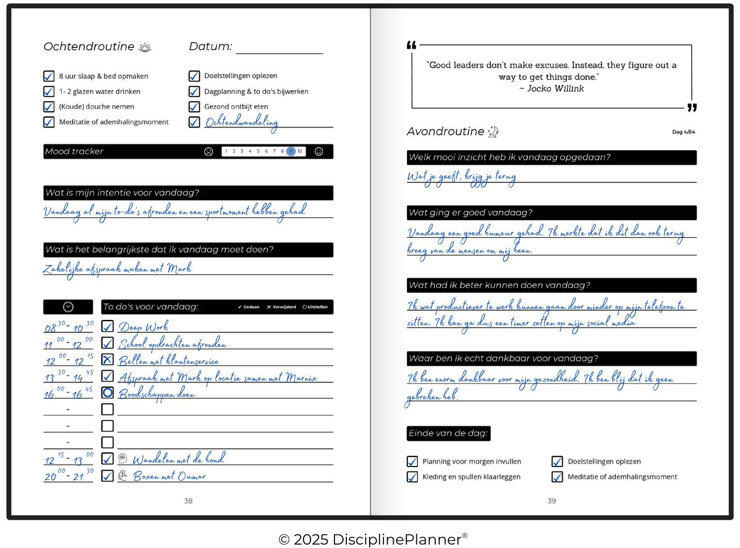 Ingevulde ochtend- en avondroutine in de Discipline Planner, met to-do’s, reflecties en intenties voor persoonlijke groei en structuur