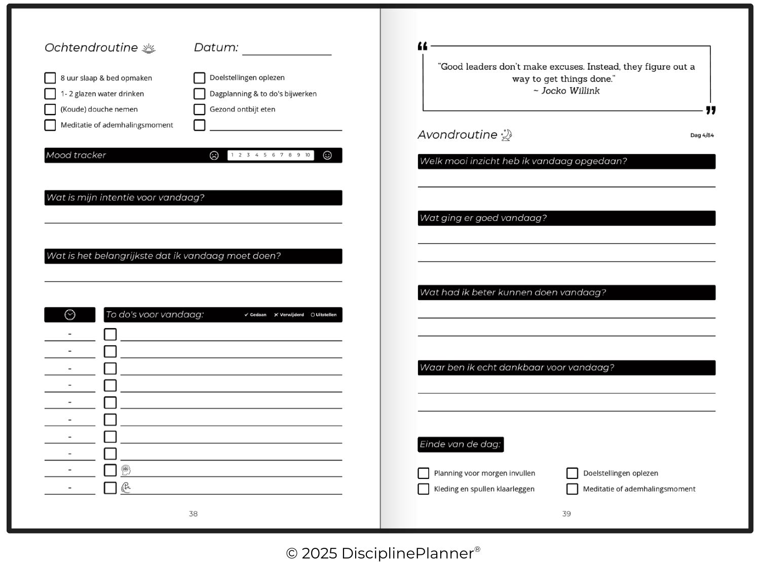 Lege dagpagina uit de DisciplinePlanner met ochtendroutine, to-do’s, avondreflectie en dankbaarheidsoefeningen voor meer structuur en zelfinzicht