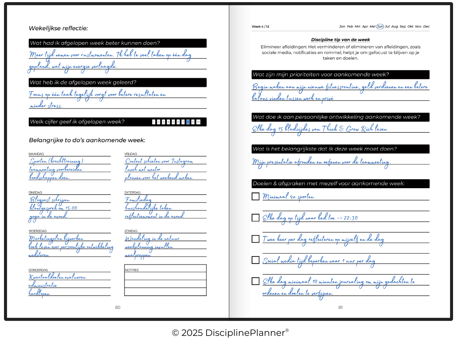 Openliggende DisciplinePlanner met ingevulde weekreflectie, to-do’s en persoonlijke doelen voor focus, productiviteit en structuur