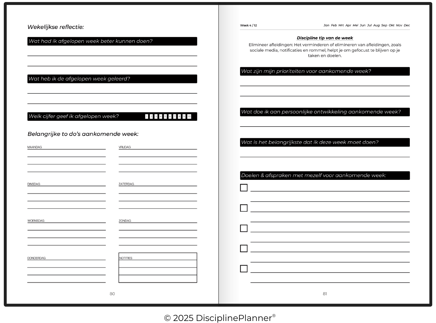 Lege weekplanning en reflectiepagina van de DisciplinePlanner, klaar om ingevuld te worden met doelen, to-do’s en persoonlijke ontwikkeling